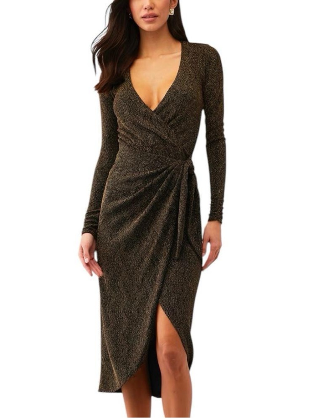 Show Me Your MuMu Bronze Metallic Wrap Midi Dress